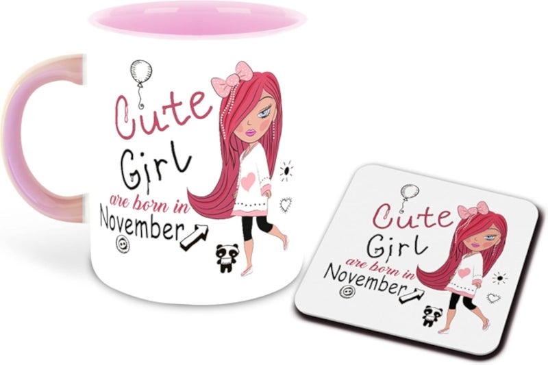 ما الذي يُعجبكِ؟® كوب قهوة سيراميك وردي اللون مطبوع عليه عبارة "الفتيات الجميلات المولودات في نوفمبر" مع قاعدة أكواب - (مواليد نوفمبر، هدية عيد ميلاد، أفضل هدية) تصميم ٢